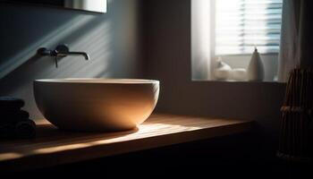 Modern kitchen with wooden table, clean and elegant, filled with sunlight generated by AI photo