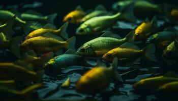 colegio de amarillo pescado nadando en un azul submarino arrecife generado por ai foto