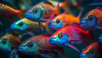 A school of colorful fish swim in a tropical reef generated by AI photo