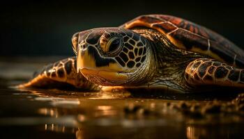 un linda Tortuga nadando submarino, sus cáscara reflejando belleza en naturaleza generado por ai foto