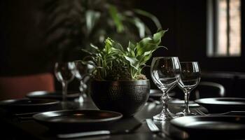 Luxury dining table with elegant crockery, wineglass, and fresh food generated by AI photo