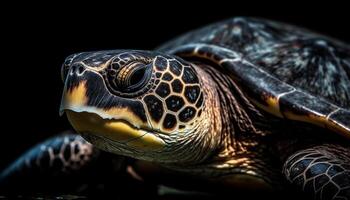 A slow turtle crawls underwater, its shell a multi colored pattern generated by AI photo