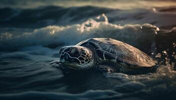 A slow sea turtle swimming in the blue underwater generated by AI photo