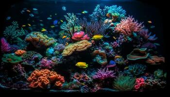 Underwater reef fish in nature, multi colored coral below tropical sea generated by AI photo