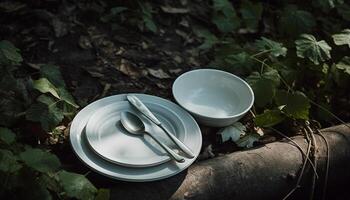 Wooden table with crockery, plate, and silverware generated by AI photo