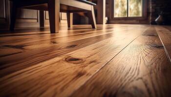 Old hardwood table on parquet flooring in a rustic room generated by AI photo