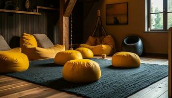 cómodo moderno vivo habitación con amarillo madera piso y suave almohadas generado por ai foto