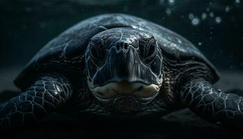 Close up portrait of a slow sea turtle swimming underwater generated by AI photo