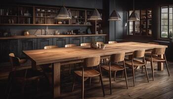 Modern rustic kitchen with wooden table, comfortable chairs, and elegant decor generated by AI photo