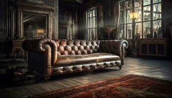 Comfortable old fashioned armchair in a modern, luxurious, rustic living room generated by AI photo