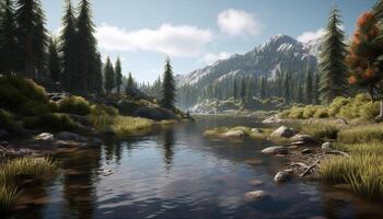 Tranquil scene of a majestic mountain range reflected in a pond generated by AI photo