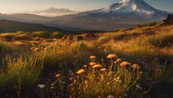 Majestic mountain peak, tranquil meadow, sunset over unspoiled landscape generated by AI photo