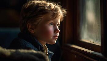 un linda rubio chico mirando mediante ventana, contemplando naturaleza belleza generado por ai foto