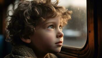 un linda chico mirando fuera el ventana, perdido en contemplación generado por ai foto