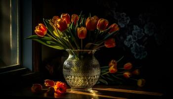 Fresh tulips in a vase, bringing nature beauty indoors generated by AI photo