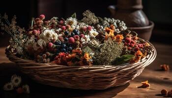 Freshness and variation of flowers in a rustic wicker basket generated by AI photo
