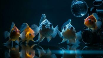 A group of colorful fish swimming in a transparent underwater tank generated by AI photo