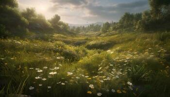 naturaleza belleza en un prado verde césped, amarillo flores, sereno puesta de sol generado por ai foto