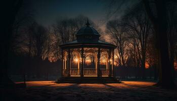 Illuminated lanterns light up the dark winter night outdoors generated by AI photo