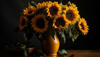 Sunflower bouquet in a vase, bringing nature beauty indoors generated by AI photo