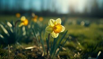 The vibrant yellow daisy blossoms in the fresh spring meadow generated by AI photo