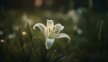 un hermosa flor florecer en el prado, rodeado por verde generado por ai foto