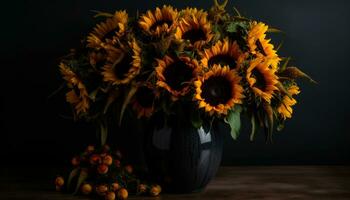 Sunflower bouquet on wooden table, nature gift of beauty generated by AI photo