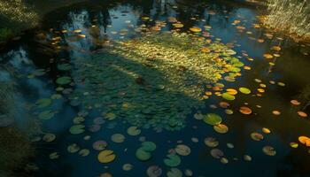 naturaleza belleza reflejado en un tranquilo estanque, rodeado por vistoso follaje generado por ai foto
