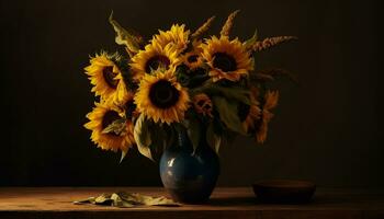 A rustic table decoration with a yellow sunflower bouquet generated by AI photo