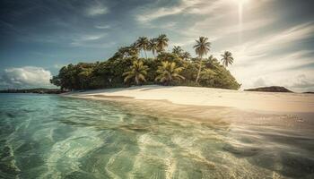 Idyllic tropical coastline, palm trees sway, waves kiss tranquil waters generated by AI photo