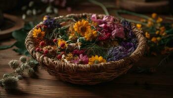 A fresh, organic bouquet of multi colored flowers on a rustic table generated by AI photo