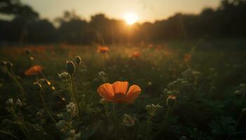 Vibrant meadow blossoms in the tranquil summer sunset, nature beauty generated by AI photo