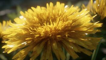 amarillo diente de león flor en cerca arriba, vibrante belleza en naturaleza generado por ai foto
