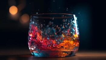 Alcohol drink liquid, close up bar, night whiskey drinking glass table generated by AI photo