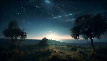 Tranquil meadow, dark forest, starry night, milky way beauty generated by AI photo