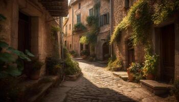 Old building exterior with narrow staircase, ancient lantern, and rustic charm generated by AI photo