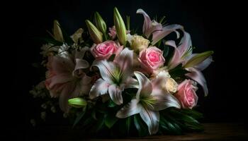 naturaleza belleza en un ramo de flores de Fresco rosado tulipanes y orquídeas generado por ai foto