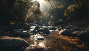 Tranquil scene green forest, flowing water, mountain range, blurred motion generated by AI photo