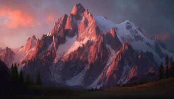 majestuoso montaña cima, naturaleza belleza en panorámico puesta de sol paisaje generado por ai foto