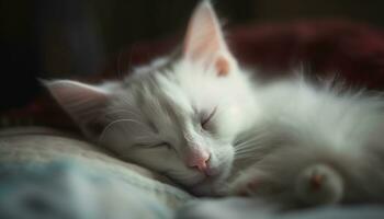 Cute kitten sleeping, fur softness, whisker close up, eyes closed generated by AI photo