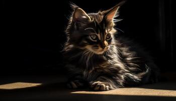 Cute kitten, small and fluffy, sitting and looking at camera generated by AI photo