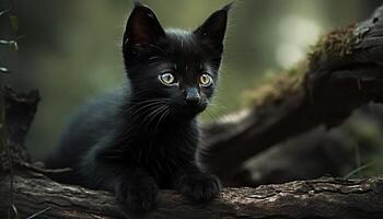 linda gatito sentado en césped, curioso a árbol con curiosidad generado por ai foto