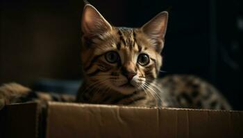 Cute feline kitten with striped fur, looking at camera indoors generated by AI photo