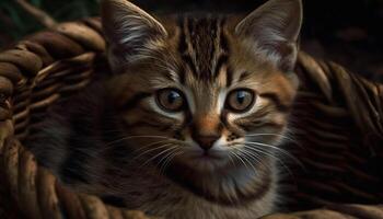 Cute domestic cat sitting outdoors, staring with playful curiosity generated by AI photo