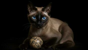 linda gatito jugando con juguete pelota, mirando arriba, azul ojos generado por ai foto