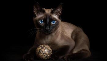 Cute kitten playing with toy ball, looking up, blue eyes generated by AI photo