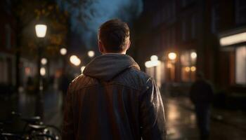 joven adulto masculino caminando solo en el ciudad a noche generado por ai foto