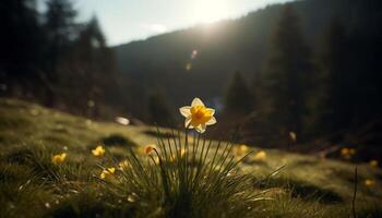 Nature beauty in summer meadow of yellow flowers, green grass generated by AI photo