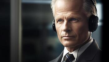 Confident businessman in suit listening to headphones, focused and professional generated by AI photo