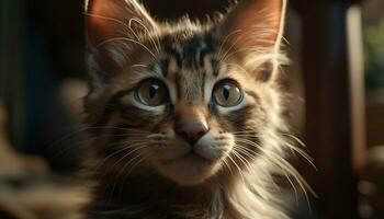linda Doméstico gato mirando a cámara, mullido a rayas gatito curioso generado por ai foto